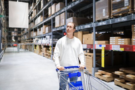 Young man pushing a shopping cart in a large furniture warehouse store, looking up at tall shelves...