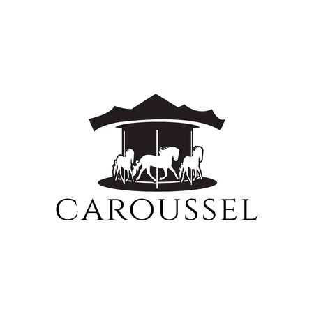 Rotating horses merry-go-round carousel black silhouette vector illustration isolated on white background. Children amusement park elementのイラスト素材