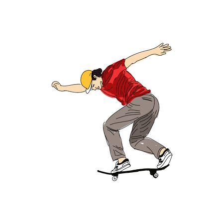 A skater style. Skateboard Vector illustration. Street sports, skateboarding, extreme. Hand drawn colored vector illustration isolated on whiteのイラスト素材