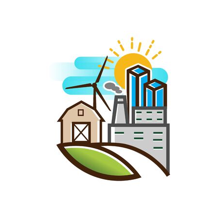 Rural landscape. View of farm barn ,factory and building skyscraperのイラスト素材