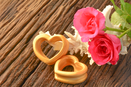 The wood hearts ,big sea shell behind the pink rose on bark.の写真素材