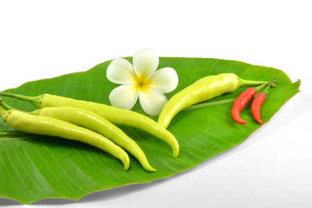 Red chilies, green chilies and white flower on the leaf of banana tree isolateの写真素材