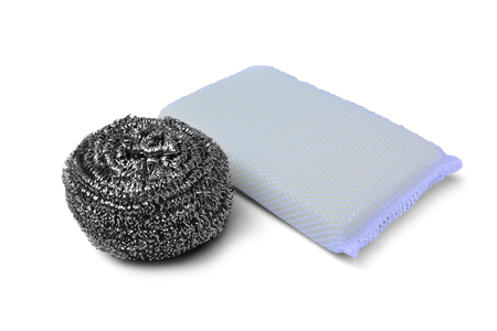 Steel wire wool scrub and scrub pad isolated on white backgroundの写真素材