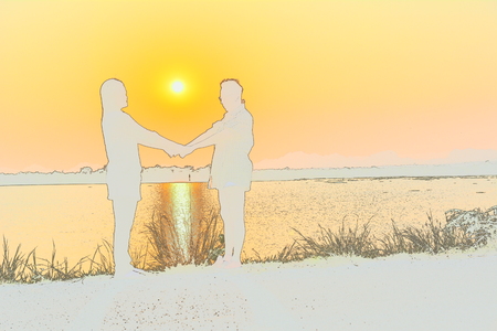 people on nature background with sun, white silhouette styleの写真素材