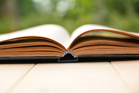 Open old book on wooden table and nature backgroundの写真素材