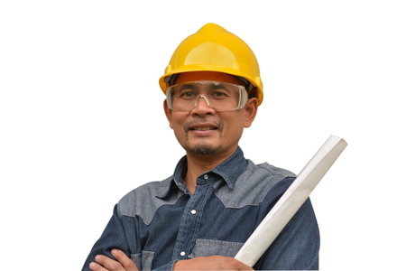 Portrait of confident architect man holding blueprints with yellow helmet and glasses isolated on white background.の写真素材