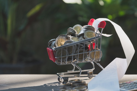 Coins in shopping cart with money stack and bill, Concept finance business and shopping investment.の写真素材