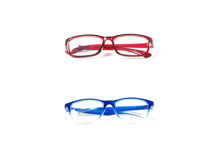 Red and blue spectacles isolated on white background. Glasses model. Fashion accessories collection.の写真素材