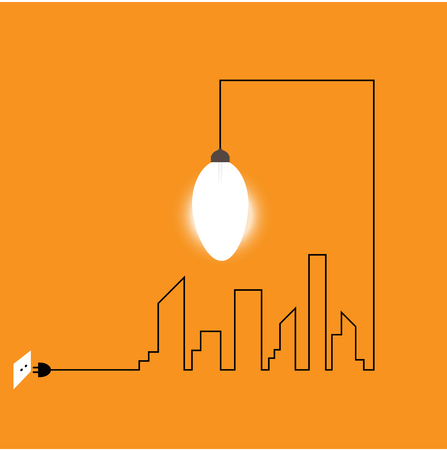 Creative wire of light bulb with buildings and landmarks, idea and inspiration concept. City with light bulb, vector illustration.のイラスト素材
