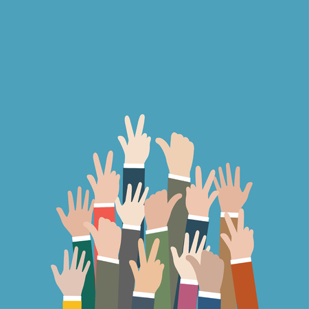 Hand of people shows the gesture of victory on blue background.のイラスト素材