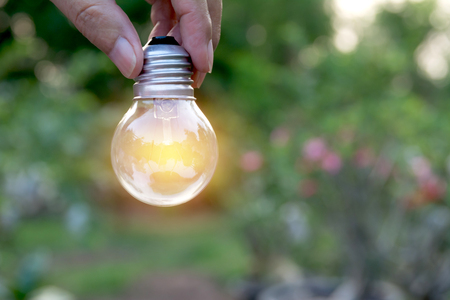 Hand holding light bulbs with glowing on ground. Idea, creativity and saving energy with light bulbs concept.の写真素材