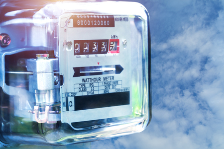 Electric power meter measuring power usage. Watt hour electric meter measurement tool.の写真素材