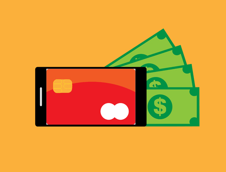 Smart phone with banknote and credit card in trendy flat style isolated on orange background for technology and business concept. Vector illustration.のイラスト素材