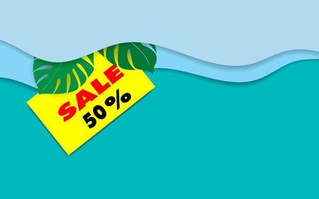 Abstract green tone color background with green leaf and discount 50 percent off label in flat style. Vector illustration.のイラスト素材