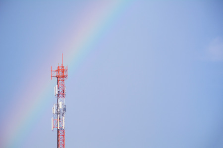 Telecommunication mast TV antennas wireless technology on blue sky background and copy space.の写真素材
