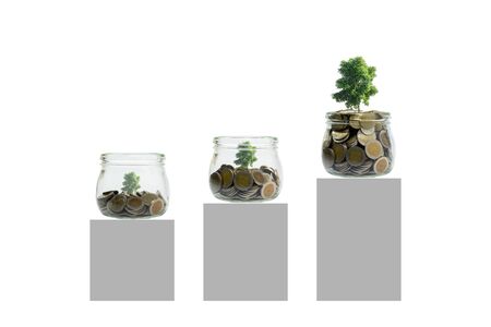Coins and plant in bottle, Business investment growth and saving concept. Coins in bottle isolated...