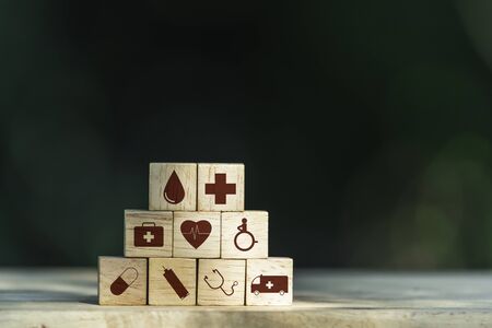 Cubes dice health and medical symbols with copy space. Healthy and medical concept.の写真素材