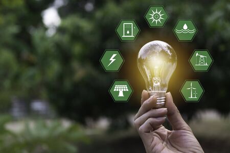 Innovation and energy concept of hand hold a light bulb and copy space for insert text.の写真素材