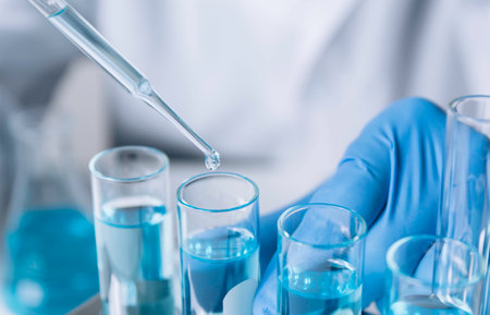 Researcher with glass laboratory chemical test tubes with liquid for analytical , medical,...