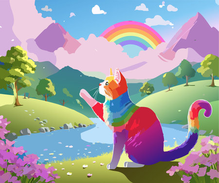 Rainbow colored cat stretching towards with a whimsical and magical feelのイラスト素材