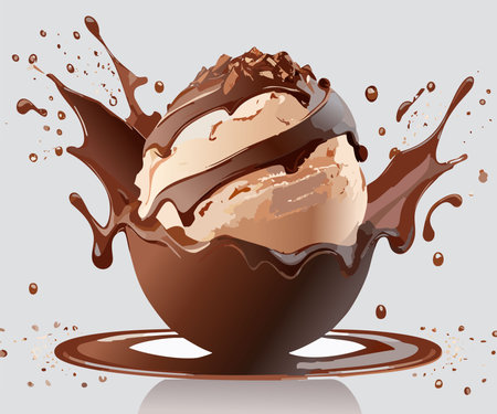 Chocolate ice cream ball with splashes of chocolate.のイラスト素材