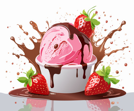 Strawberry ice cream ball with splashes of chocolate.のイラスト素材