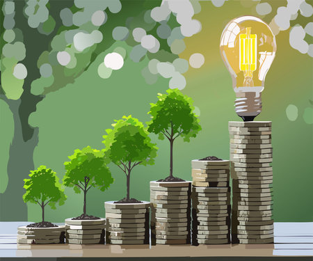 Energy saving light bulb and tree growing on stacks of coins on nature background. Saving, accounting and financial concept.のイラスト素材