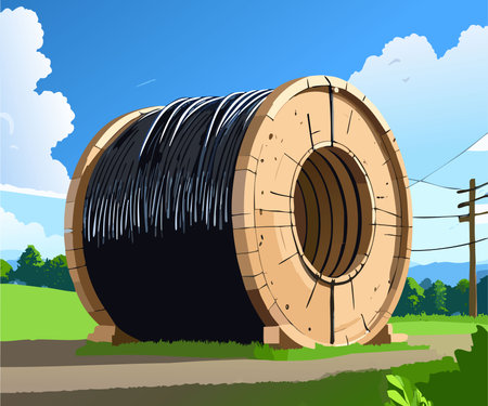 Black wire electric cable with wooden coil of electric cable under the sky.のイラスト素材