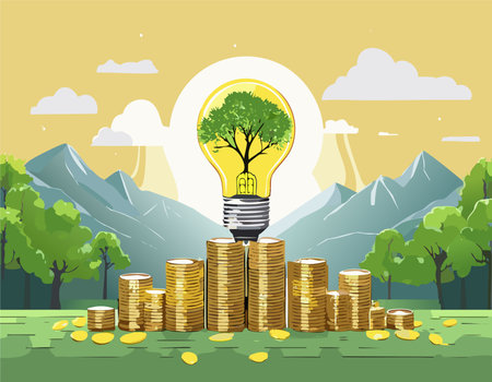 Energy saving light bulb and tree growing on stacks of coins on nature background. Saving, accounting and financial concept.のイラスト素材