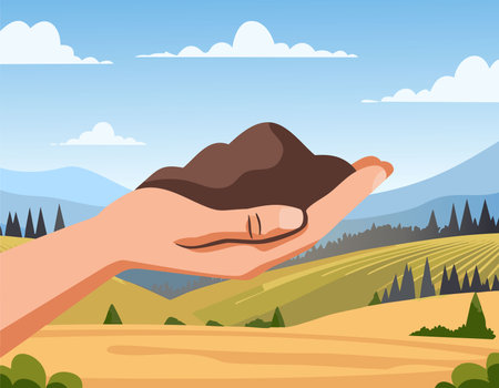 The fertile soil in the hands of a farmer is suitable for cultivation.のイラスト素材