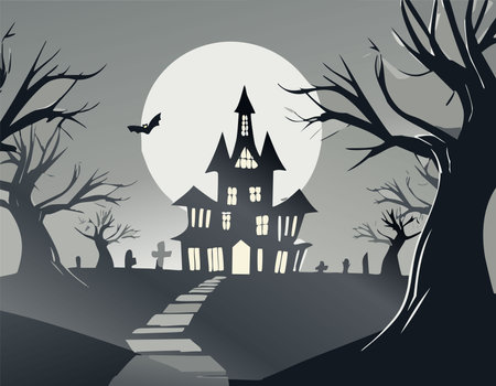 A haunted house stands ominously beneath a full moon, with crooked windows glowing faintly. A winding path leads through a graveyard surrounded by twisted, barren trees. A bat flies across the eerie, dark sky, completing the spooky scene.のイラスト素材