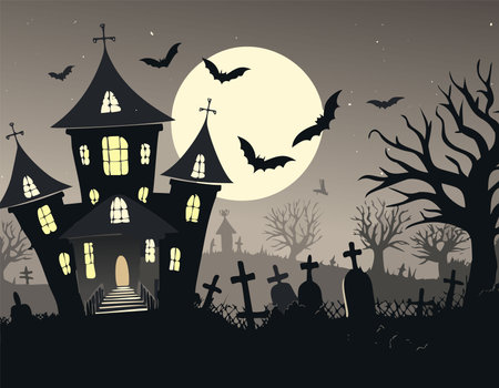 A haunted house stands ominously beneath a full moon, with crooked windows glowing faintly. A winding path leads through a graveyard surrounded by twisted, barren trees. A bat flies across the eerie, dark sky, completing the spooky scene.のイラスト素材