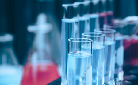 Glass laboratory chemical test tubes with liquid for analytical , medical, pharmaceutical and scientific research concept.の写真素材