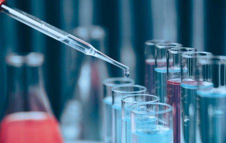 Researcher with glass laboratory chemical test tubes with liquid for analytical , medical, pharmaceutical and scientific research concept.の写真素材