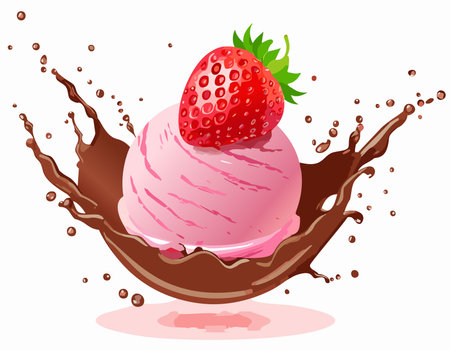 Ice strawberry cream ball with splashes of chocolateのイラスト素材