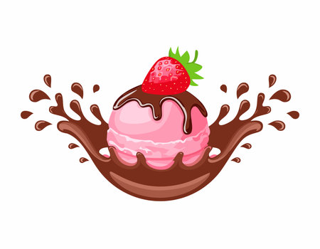 Ice strawberry cream ball with splashes of chocolateのイラスト素材