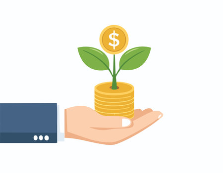 Concept of money with plant growing from coins in hand. Financial and save money conceptのイラスト素材