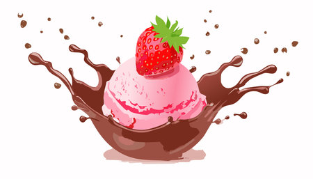 Strawberry ice cream ball with splashes of chocolate.のイラスト素材