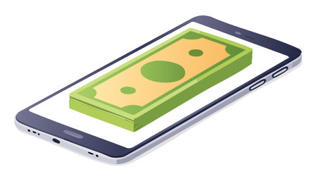 Smart phone with banknote in trendy flat style isolated on white background for technology and business conceptのイラスト素材