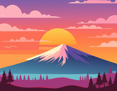 Vector landscape of majestic mountains and pine trees at sunset, with colorful gradients of pink, orange, and purple sky reflecting on a calm lake. Ideal for travel, nature, or adventure-themed artwork and backgrounds.のイラスト素材