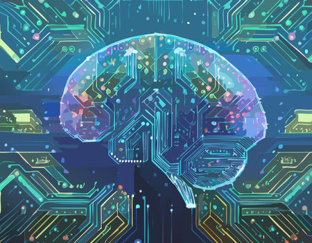Futuristic illustration of a digital brain merged with circuit board patterns, symbolizing...