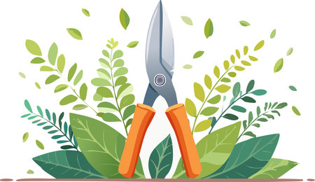 A vector illustration of orange-handled garden shears surrounded by fresh green leaves, symbolizing gardening, nature care, and outdoor lifestyle.のイラスト素材