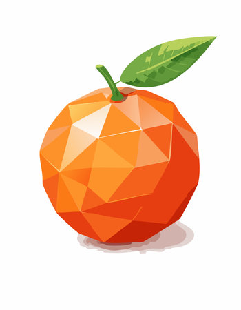 A stylized polygonal orange with sharp triangular facets and green leaf. Clean vector illustration in low poly style, ideal for nutrition, citrus branding, or healthy food designのイラスト素材