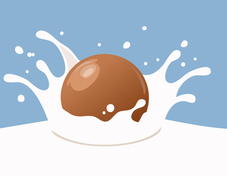 Flat style image of a milk splash with a chocolate ball hitting the surface. Simple colors and playful composition.のイラスト素材