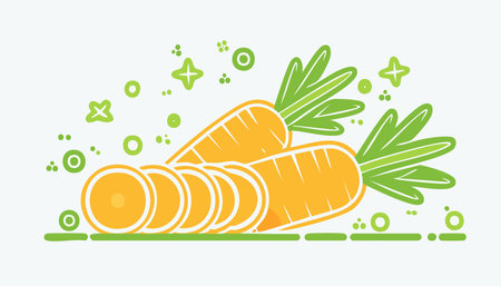 Clean and vibrant flat illustration of carrot and slices, perfect for healthy food designs, kidsâ materials, and menu art.のイラスト素材