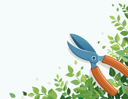 Leafy border with shears featured in a clean garden layoutのイラスト素材