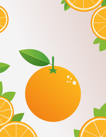 Modern food art of a round orange with clean lines, warm colors and minimal shading, highlighted with soft dots and two large leaves, positioned centrally with copy space around it.のイラスト素材