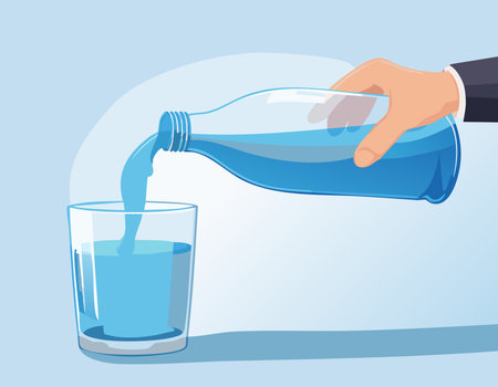 A hand tilts a bottle to fill a glass with water on a white background. Clean, crisp, and ideal for product or health-related designs.のイラスト素材