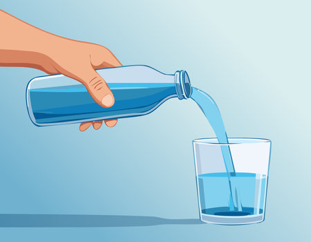 Flat design of a hand serving water from a bottle into a glass with shadow play. Ideal for lifestyle, wellness, or editorial use.のイラスト素材