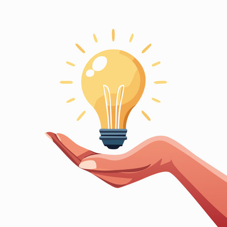 Flat illustration of a bright light bulb held by a human hand, representing new ideas and imagination, soft tones and shadows, white background with space for textのイラスト素材